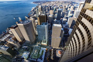  Aerial view of downtown Seattle and Centurylink Stadium, home of the Seattle Seahawks and...