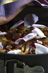Frisch gebackener Plaumenkuchen mit Rosenblüten in der Kuchenform mit Geschirrtuch