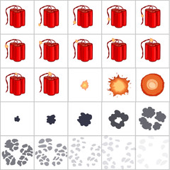 Explode effect animation with smoke and clouds.. Game design animation frames. Flash. Dynamite sticks.