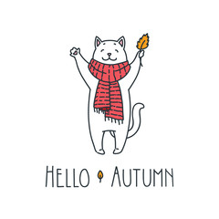 Hello autumn. Doodle vector illustration of funny white cat with red scarf