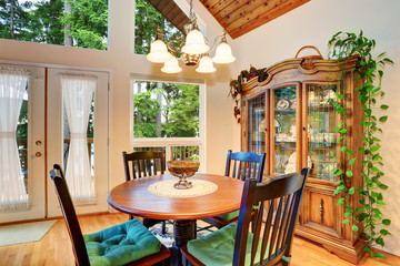 Traditional dining area with wooden table set and hardwood floor.