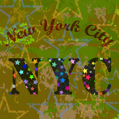 New York T-shirt Emblem.Print Typography. Retro Label. Vintage Sport Pattern. Starry Basketball Logo on Grunge Green Background