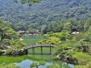 A view from a hill in Ritsurin Garden in Takamatsu city, Kagawa Prefecture, Japan. Ritsurin Garden is one of the most famous historical gardens in Japan.