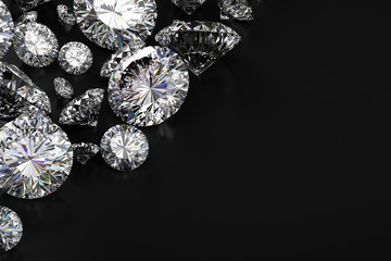 Realistic group of diamond placed on black background 3D illustration
