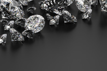 Realistic group of diamonds placed on dark background, 3D illustration.