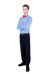 Referee suit and tie butterfly separates boxers. Isolated over white background. Proud businessman standing arms folded