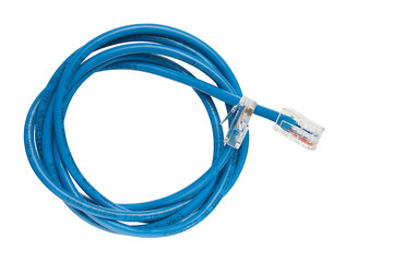 Twisted pair (patch cord) blue network Internet cable isolated over white background. Top view