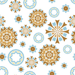 Abstract vector seamless pattern of round geometric elements. Delicate pastel colors and stylized floral motifs for printing on fabric, wrapping paper and children's product. Design hippie and boho.
