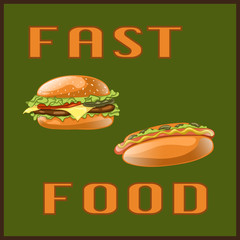 Fast food set for Menu Card, poster, brochure, web, mobile application. Colorful cartoon icons with fast food meal isolated on green background. Banner with hamburger and hot dog. Vector Illustration.