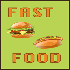 Fast food set for Menu Card, poster, brochure, web, mobile application. Colorful cartoon icons with fast food meal isolated on green background. Banner with hamburger and hot dog. Vector Illustration.