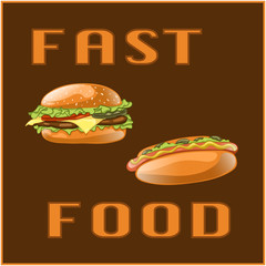 Fast food set for Menu Card, poster, brochure, web, mobile application. Colorful cartoon icons with fast food meal isolated on brown background. Banner with hamburger and hot dog. Vector Illustration.