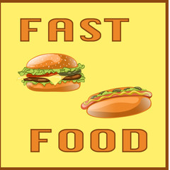 Fast food set for Menu Card, poster, brochure, web, mobile application. Colorful cartoon icons with fast food meal isolated on yellow background. Banner with hamburger and hot dog. Vector Illustration
