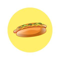 Hot Dog Cartoon Illustration. Classic american fast food - sausage with mustard in a bun. Hotdog sandwich. Vector isolated icon of hot-dog for poster, menus, brochure, web and mobile application.