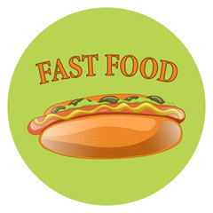 Hot Dog Cartoon Illustration. Classic american fast food - sausage with mustard in a bun. Hotdog sandwich. Vector isolated icon of hot-dog for poster, menus, brochure, web and mobile application.