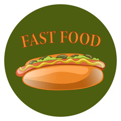 Hot Dog Cartoon Illustration. Classic american fast food - sausage with mustard in a bun. Hotdog sandwich. Vector isolated icon of hot-dog for poster, menus, brochure, web and mobile application.