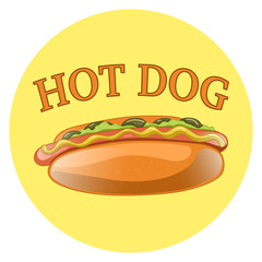 Hot Dog Cartoon Illustration. Classic american fast food - sausage with mustard in a bun. Hotdog sandwich. Vector isolated icon of hot-dog for poster, menus, brochure, web and mobile application.