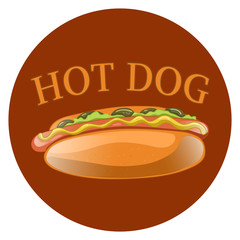 Hot Dog Cartoon Illustration. Classic american fast food - sausage with mustard in a bun. Hotdog sandwich. Vector isolated icon of hot-dog for poster, menus, brochure, web and mobile application.