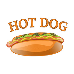 Hot Dog Cartoon Illustration. Classic american fast food - sausage with mustard in a bun. Hotdog sandwich. Vector isolated icon of hot-dog for poster, menus, brochure, web and mobile application.