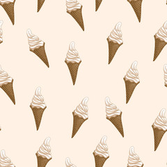 Ice cream waffle cones seamless pattern. Stylized vector illustration. Colorful melting ice-cream. Sweet dessert on creamy beige background. Vector illustration.