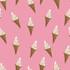 Ice cream waffle cones seamless pattern. Stylized vector illustration. Colorful melting ice-cream. Sweet dessert on pink background. Vector illustration.