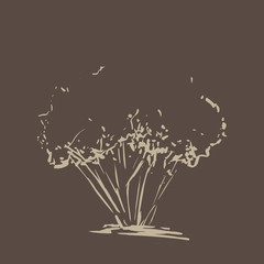 Stylized tree. Hand drawn. Beige tree sketch silhouette isolated on dark brown background. Vector illustration. Vintage engraved background. 