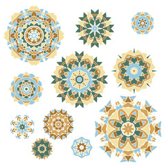 Set of geometric vector decorative elements for design, prints, stickers, web design and textiles. Round kaleidoscopic mosaic patterns in pastel colors.
