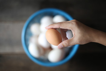 Fototapeta na wymiar Brown eggs in hand, white background eggs in one basket is not clear