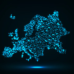 Abstract map of of Europe with glowing particles, vector illustration, eps 10