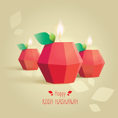 Rosh Hashana jewish new year greeting card template with creative modern polygonal apple shaped candles