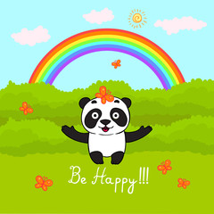 Cute panda standing under the rainbow in the forest. Vector illustration. Greeting card 