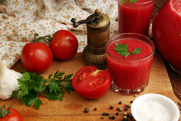 Ingredient for cooking of tomato soup on chopping board