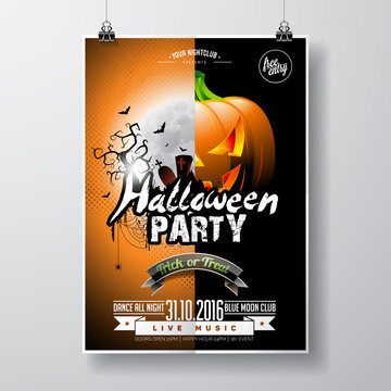 Vector Halloween Party Flyer Design with typographic elements and pumpkin on orange background. Graves, bats and moon.