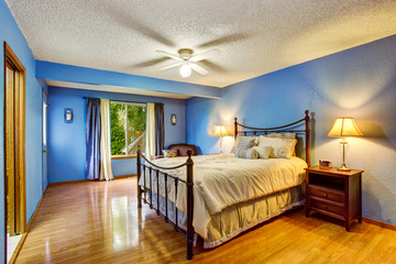 Modern room interior with blue walls, hardwood floor