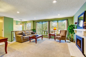Open floor plan living room interior with green walls.