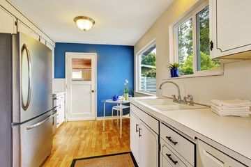 Kitchen room with white cabinets, blue walls and glass able
