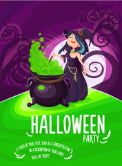 Cute young witch for Halloween cards. Vector illustration
