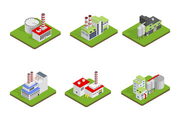 Icons and compositions of industrial building, isolated constructions, subjects isometric view, 3D. Vector set of industry.