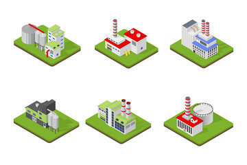 Icons and compositions of industrial building, isolated constructions, subjects isometric view, 3D. Vector set of industry.