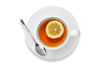 Cup of tea with lemon isolated on white background