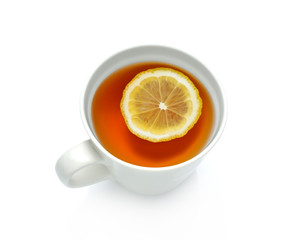 Cup of tea with lemon isolated on white background