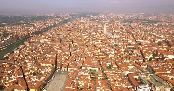 Aerial view of Florence, Italy in the morning light with on the left Ponte Vecchio. On the right Palazzo Vecchio and Cattedrale di Santa Maria del Fiore.