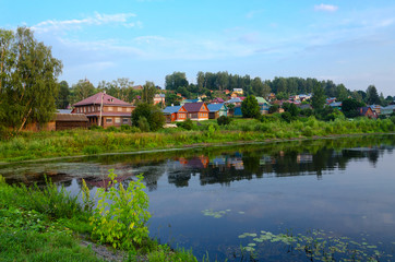 Fototapeta na wymiar Quiet provincial town of Ples in summer twilight, Russia