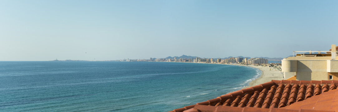 Sandy Beach Line Panorama - La Manga del Mar Menor, Cabo de Palos, Cartagena and San Javier, Murcia, Spain, Europe