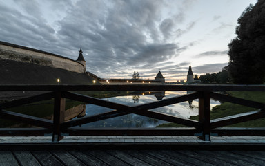 Pskov Kremlin at sunset and Pskova river