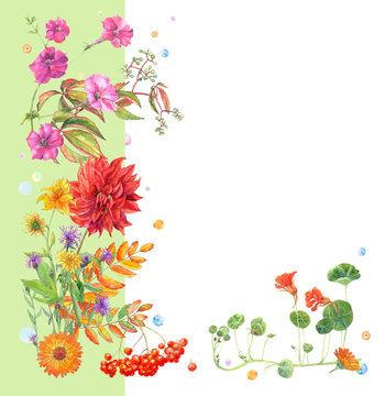 Card with red and yellow autumn flowers: dahlia, petunia, calendula, cornflower, rudbckia, nasturtium; rowan berries and leaves, wild grape on white background, watercolor painting, vintage