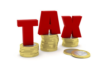 Highly detailed 3D render illustration of three one euro coin stacks with the word TAX on them