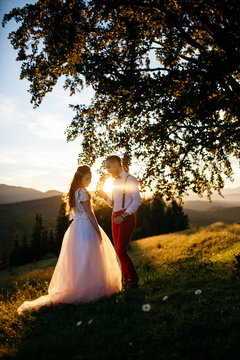 Sun shines through the gorgeous wedding coupel posing on the fie