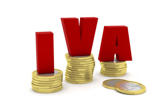 Highly detailed 3D render illustration of three one euro coin stacks with the word IVA (VAT) in Spanish on them