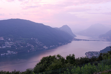 Fototapeta na wymiar View at lake of Lugano at sunset