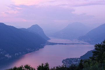 View at lake of Lugano at sunset